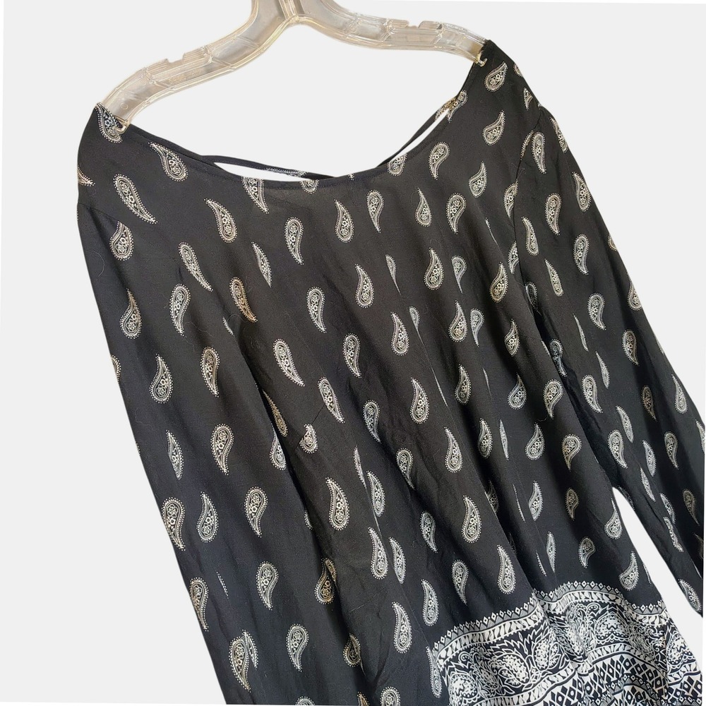 Faded Glory Womens Paisley Boat Neck Strappy Back Rayon Blouse Black L 12-14
